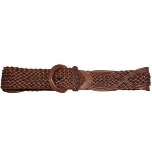 Vintage Brown Woven Leather Wide Waist Belt Braided Boho Made in Turkey 26-28 in